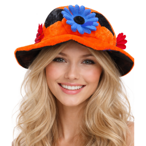 Hoed Oranje met Rood Wit Blauwe Bloemen