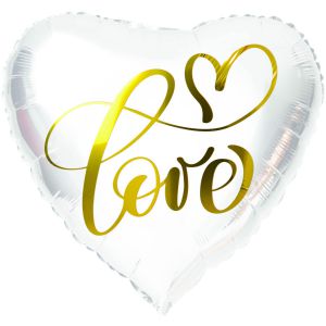 Witte hartvormige folieballon met gouden sierlijke “Love” tekst en hartje