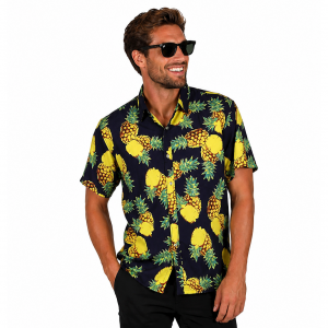Hawaï blouse donkerblauw met ananas print korte mouwen kopen